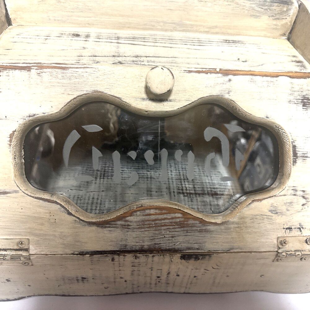 Vtg Wood Bread Box Stencil Design Glass Face Farmhouse Breadbox Cottagecore - Picture 2 of 10